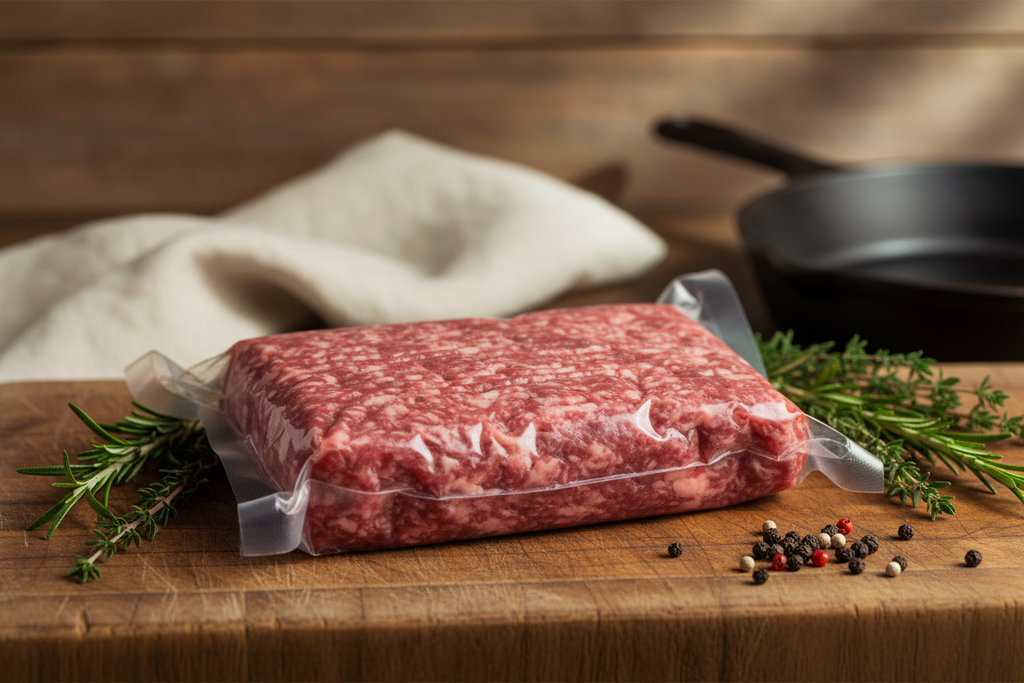 Pastured Ground Beef in Rustic Farm Kitchen Setting